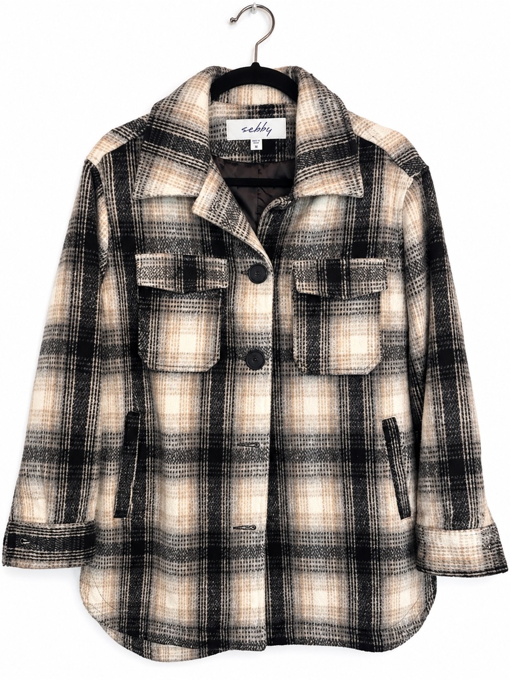 Sebby Plaid Shacket Jacket Women’s Medium Cream Black Gray Button Front